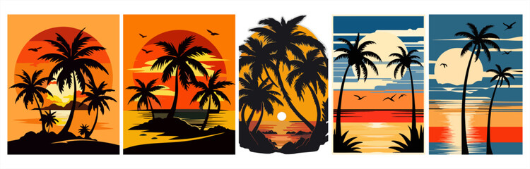 Set of five vertical flat design illustrations featuring tropical palm tree silhouettes at beach sunset and ocean twilight © hadi