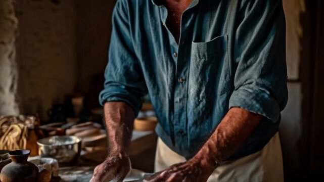 Senior baker kneading dough for homemade artisan bread
