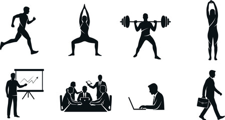 Silhouette icons of people engaging in various activities