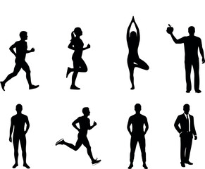 Silhouette of people engaging in various physical activities and poses
