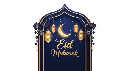 Eid Mubarak greeting card with a crescent moon and lanterns on a dark blue background with gold accents, conveying a festive and celebratory mood.