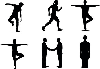 Silhouette illustrations of people in various yoga and walking poses