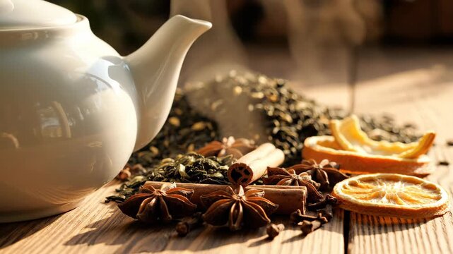 Steaming White Teapot with Aromatic Spices and Dried Citrus Slices on Wooden Table