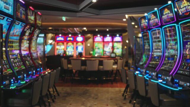 Blurred neon casino slot machine rows with shallow bokeh interior; background backplate copyspace calm.