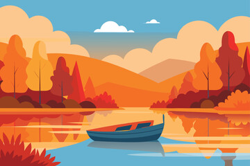 Boat Drifting On Calm Lake Surrounded By Mountains