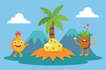 Cartoon Volcano Island With Coconut Trees
