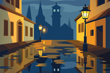 Historic Prague Street At Night With Lanterns