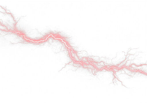 Fiery red lightning strike with electric energy crackling along its jagged shape, transparent background. PNG