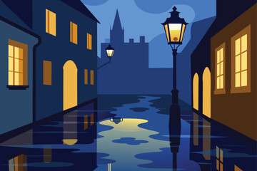 Old European Cobblestone Street With Warm Lights