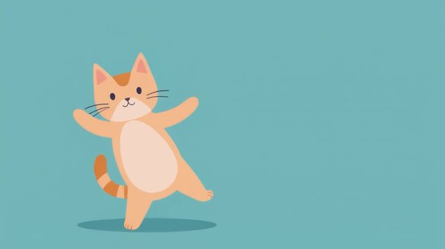 Playful cartoon cat dancing on solid turquoise background, seamless loop animation, symbolizing joy and happiness