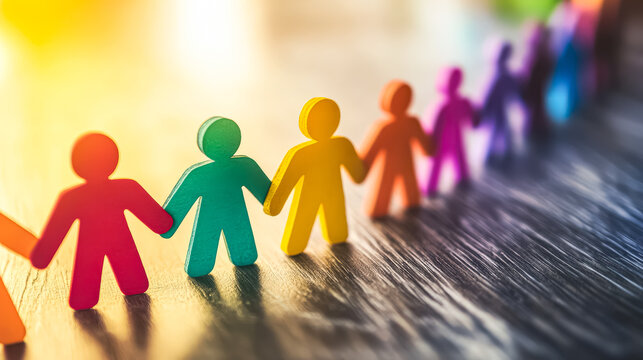 A vibrant arrangement of colorful paper figures standing together, symbolizing unity, diversity, and collaboration in a community.