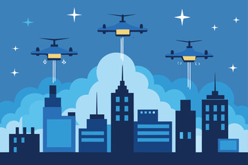 Drone Delivery Fleet Over Mega City