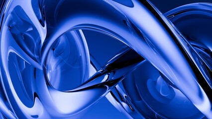 Fluid liquid blue glass shapes and spheres abstract background. 3d illustration contemporary art