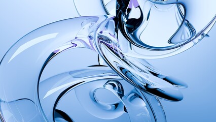 Fluid liquid blue glass shapes and spheres abstract background. 3d illustration contemporary art