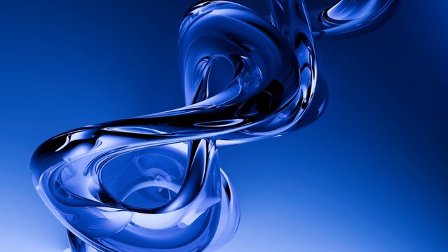 Fluid liquid blue glass shapes and spheres abstract background. 3d illustration contemporary art