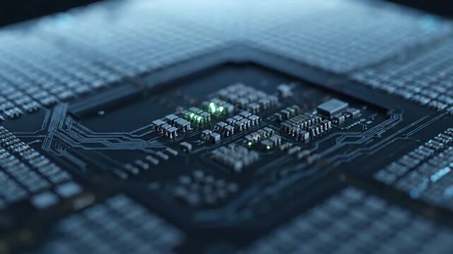 Digital Micro-Landscape An extreme close-up view of a computer processor's intricate circuitry, resembling a futuristic city or complex landscape.