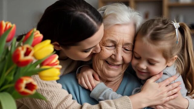 Life insurance and family legacy concept: Three generations of women hugging with tulips, happy grandmother, mother and granddaughter