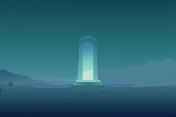 Glowing Doorway In Foggy Field