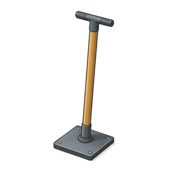Sturdy manual soil tamper with wooden handle and metal base, detailed graphic illustration for compacting earth and leveling surfaces in construction, landscaping, and gardening tasks