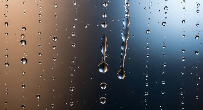 A close-up, artistic shot of numerous water droplets clinging to a glass surface, with some streaks of water running down, creating a beautiful texture.