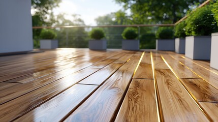 Fototapeta premium Modern wooden deck with integrated LED lighting, overlooking a lush green landscape during sunset.