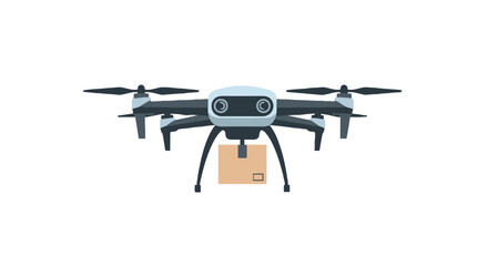 Drone illustration delivering a package in mid-air with copter rotors spinning
