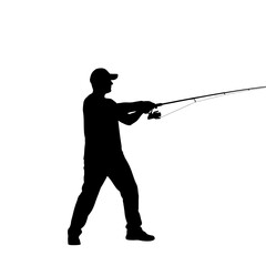 Naklejka premium Silhouette of a fisherman casting a fishing rod with great focus.