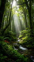 Fototapeta premium Tropical forest with sunlit stream water.