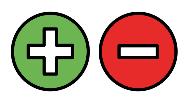 Positive and negative symbols represented by green and red circles with plus and minus signs, indicating opposing concepts or choices in a simple and clear visual representation.