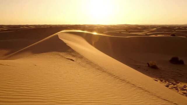 Whispering Sand Trails Ultra-slow motion of very fine sand particles gently blowing over a dune edge, with the low sun creating subtle, luminous edge diffraction as it catches the airborne grains.