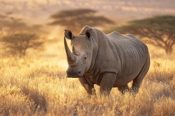 Fototapeta premium Square-lipped rhinoceros standing alone in a natural African landscape