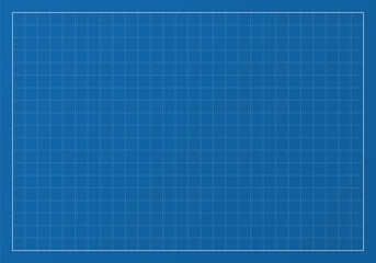 Grid pattern on blue paper, blueprint texture A3, A4 for notes, school print, draw. Paper sheet mockup with line and dot, vector illustration. Blueprint background with square grid.	
