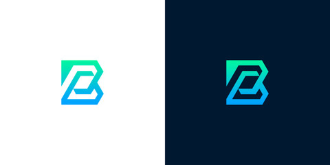 Geometric 'B' letterform logo design with gradient blue-green colors on white and dark backgrounds, modern abstract branding © Eunois