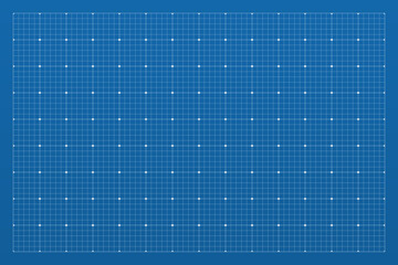 Grid pattern on blue paper, blueprint texture A3, A4 for notes, school print, draw. Paper sheet mockup with line and dot, vector illustration. Blueprint background with square grid.	
