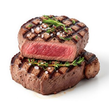 Grilled steak cut in half showing pink medium rare meat isolated on white background