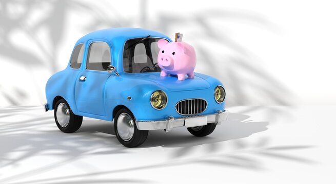 une tirelire cochon pos&eacute;e sur le capot d'une voiture style cartoon - rendu 3D sur fond blanc