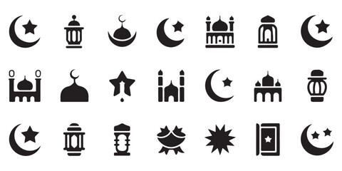 Islamic and Ramadan Kareem Icons Set. Collection of Muslim Holiday Symbols: Crescent Moon, Star, Mosque, Lantern. Vector Illustration.