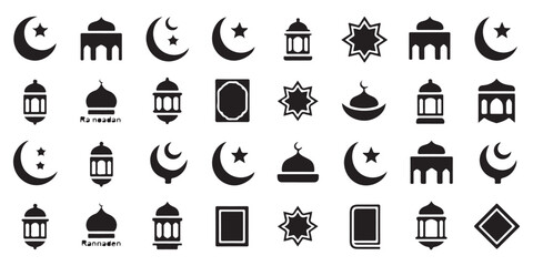 Ramadan and Eid Mubarak Icon Collection. Vector Set of Islamic Symbols: Crescent Moon, Mosque, Lantern, Star, Holy Book.