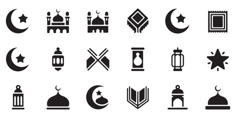 Diverse Islamic Holiday Icon Set. Vector Collection of Ramadan and Eid Al-Fitr Symbols: Mosque, Crescent Moon, Lantern, Holy Book.