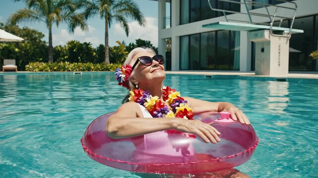 Woman relaxing in pool with float