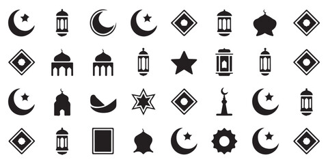 Islamic Icon Set with Crescent Moon Star Lantern and Mosque Silhouettes