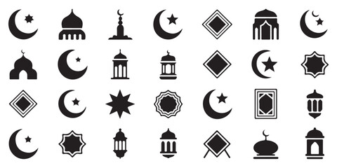 Elegant Islamic Culture Icons Set. Vector Silhouettes of Ramadan and Eid Symbols: Crescent Moon, Mosque, Lantern, Geometric Shapes.