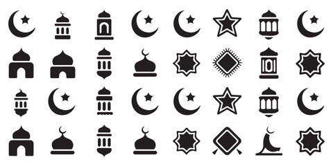 Ramadan Kareem Icon Collection Featuring Mosque Lantern and Crescent Moon