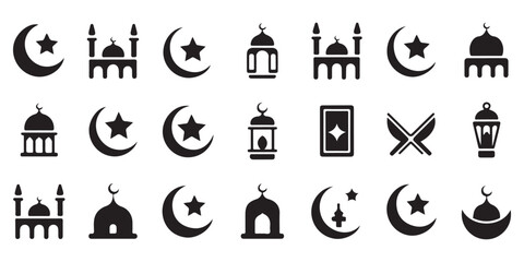 Islamic Religious Symbols Set with Mosque Crescent Moon and Quran Icons