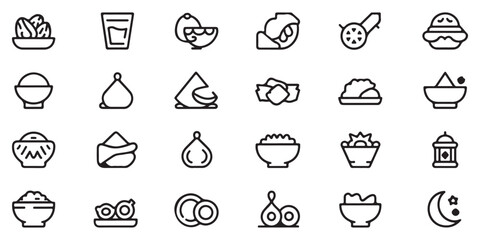 Ramadan Iftar and Suhoor Food Outline Icon Set, featuring traditional dishes and drinks for the Islamic holy month.