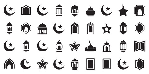 Ramadan and Islamic Celebration Solid Icon Set, a collection of flat design symbols representing Muslim culture, holy month, and religious traditions.
