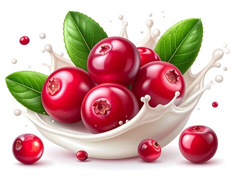 Glossy, red cranberries and green leaves sit nestled in a splash of white liquid. Close-up, bright, saturated