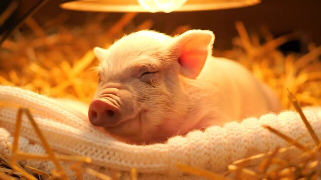 A sleeping piglet rests peacefully in a warm, cozy bed of straw and soft blanket