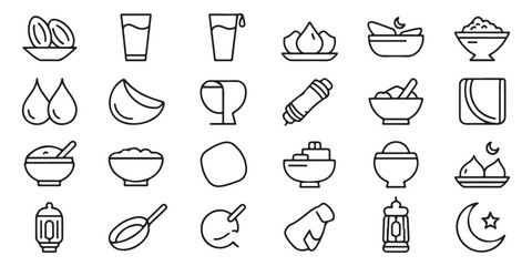 Ramadan Fast Breaking and Festive Food Outline Icon Pack, representing traditional meals and drinks for the holy month.