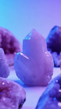 Subtle Light Play Medium shot with a very slow, subtle horizontal or vertical pan across a selection of pastel crystals, emphasizing how the gentle blue-hour light interacts with their surfaces and